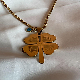 Nazar Boncuklu Çelik Yonca Kolye