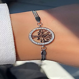 Gümüş Renk İtalyan Zincir Üzeri Hayat Ağacı Detaylı Çelik Bileklik