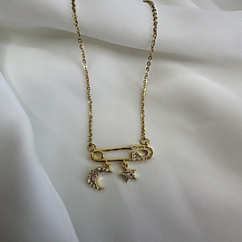 Ay Yıldızlı Çengel İğne Figürlü Çelik Kolye