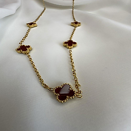 Gold Bordo Taşlı Van Cleef Kolye