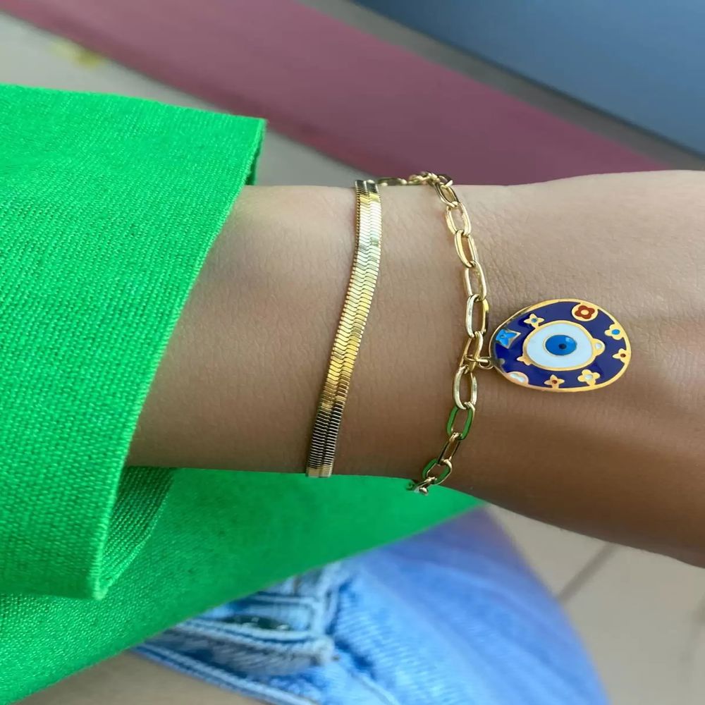 Gold İtalyan Zincirli Nazar Boncuk Detaylı Çelik Bileklik