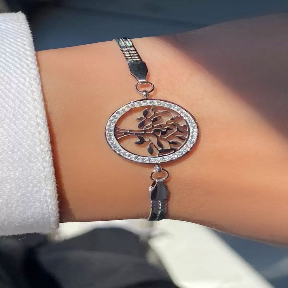 Gümüş Renk İtalyan Zincir Üzeri Hayat Ağacı Detaylı Çelik Bileklik