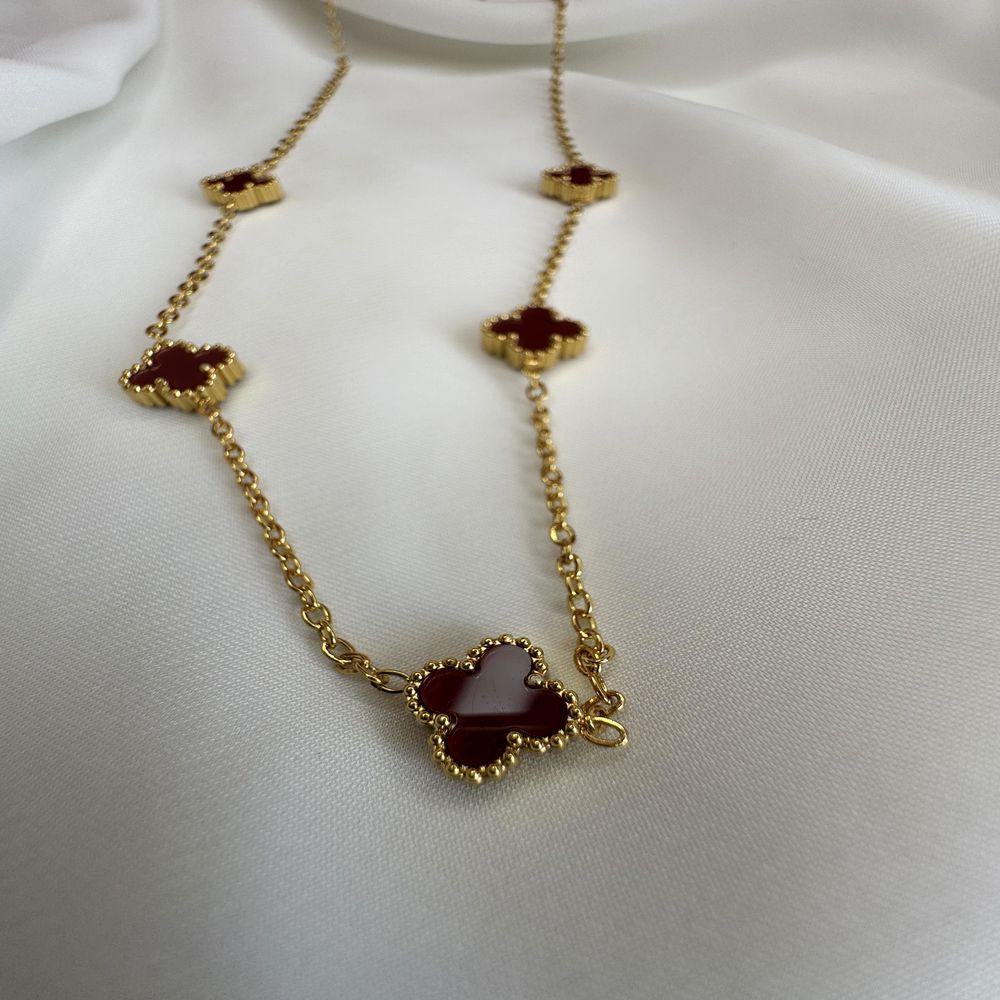 Gold Bordo Taşlı Van Cleef Kolye